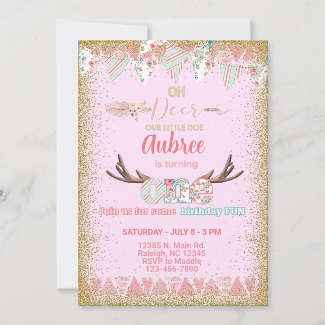 Oh, invitation d'anniversaire de fille de cerf, pe (Devant)
