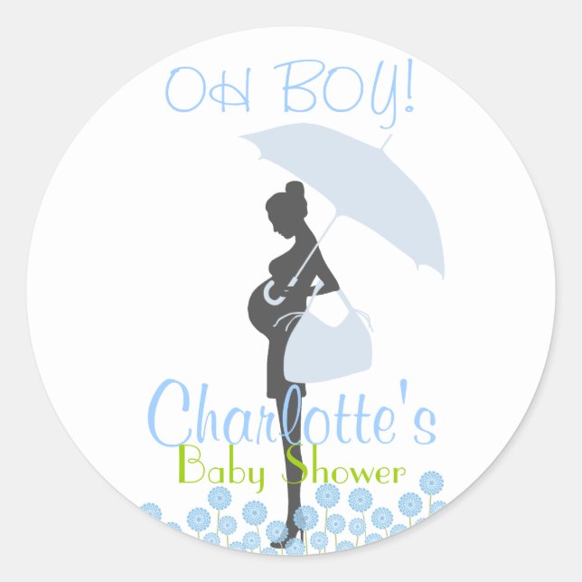 OH JA! Blue Silhouette Baby Dusche Gastgeschenk Runder Aufkleber (Vorderseite)
