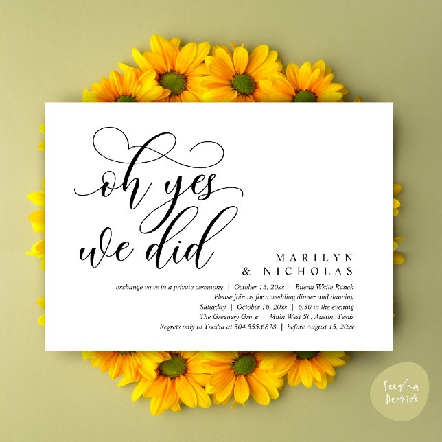 Oh ja, das taten wir, das moderne Hochzeitsessen u Einladung (Oh Yes, We Did, Wedding Elopement Dinner Romantic Modern Party Invitation Card PDF Black White)