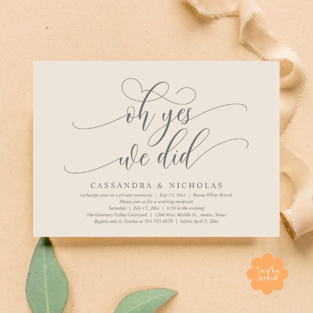 Oh ja, das taten wir, die moderne romantische Hoch Einladung (Oh Yes, We Did, Modern Romantic Modern Wedding Reception Invitation Card PDF Classy Cream Grey)