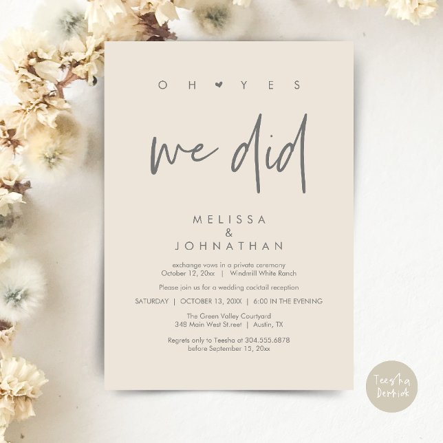 Oh ja, das taten wir, Hochzeitsempfang Dinner Danc Einladung (Oh yes we did, Modern Wedding Reception Dinner Dancing Minimalist Invitation Card PDF Cream Grey)