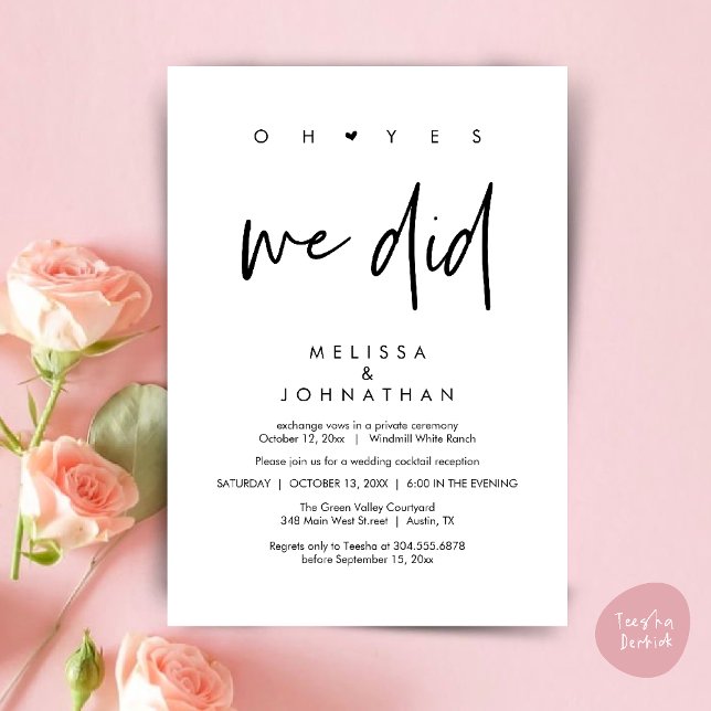 Oh ja, das taten wir, Hochzeitsempfang Dinner Danc Einladung (Oh yes we did, Modern Wedding Reception Dinner Dancing Minimalist Invitation Card PDF Black White)