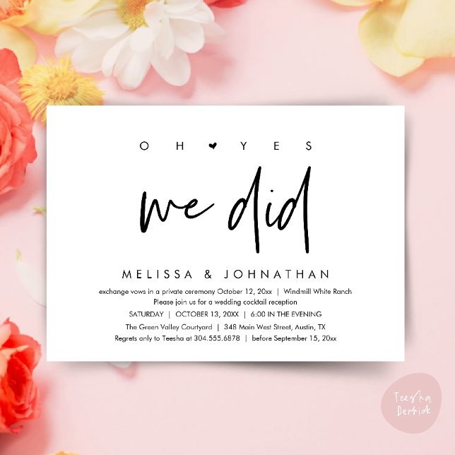 Oh ja, das taten wir, Hochzeitsempfang Dinner Danc Einladung (Oh yes we did, Modern Wedding Reception Dinner Dancing Minimalist Invitation Card PDF Black White)