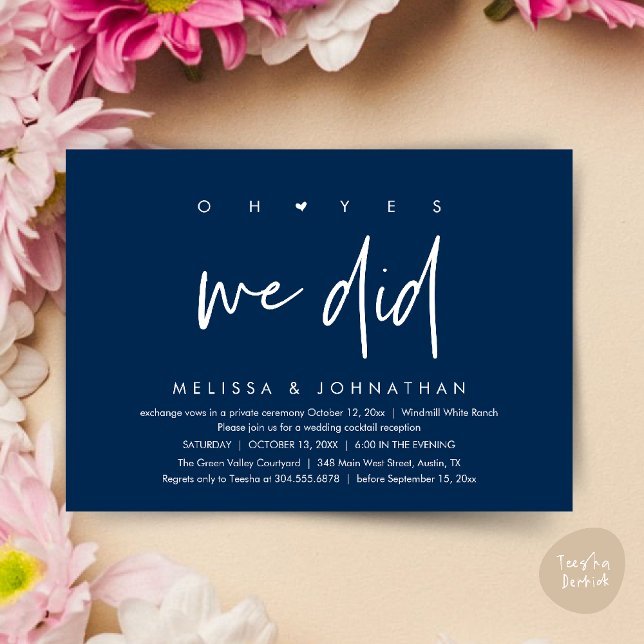 Oh ja, das taten wir, Hochzeitsempfang Dinner Danc Einladung (Oh yes we did, Modern Wedding Reception Dinner Dancing Minimalist Invitation Card PDF Navy Blue)