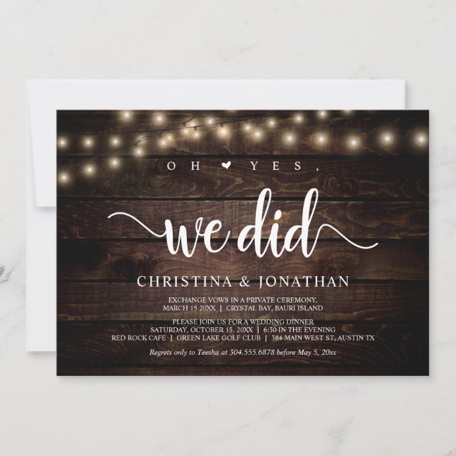 Oh ja, das taten wir, Rustic Elopement Party Einladung (Vorderseite)