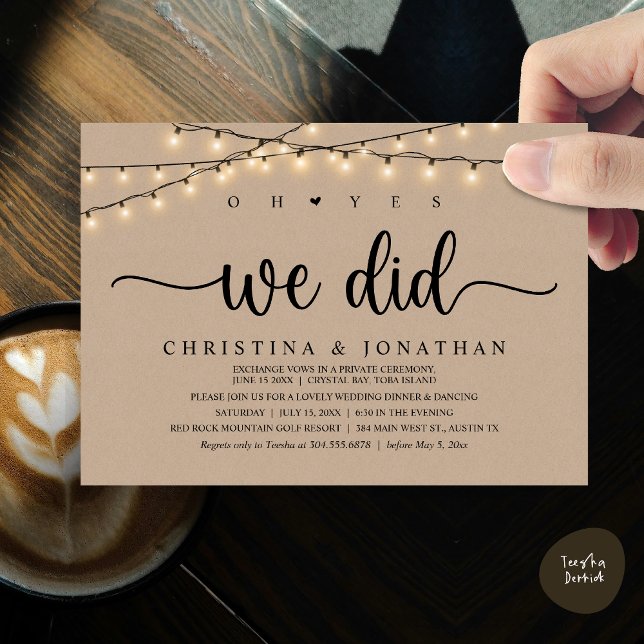 Oh ja, das taten wir, rustikale Hochzeitsfeier Einladung (Oh Yes, We Did, Rustic Wedding Dinner Elopement Invitation Card, PDF, String Lights Brown Kraft)