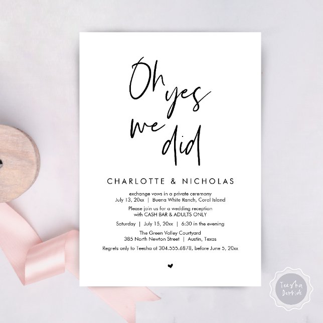 Oh ja, wir haben das getan, Hochzeitsessen Party C Einladung (Oh Yes, We Did, Modern Wedding Elopement Reception Dinner Party Invites Card PDF White Black)