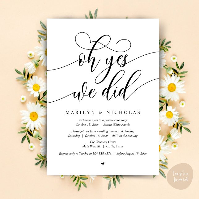 Oh ja, wir haben das getan, Hochzeitsfeier-Abendes Einladung (Oh Yes, We Did, Wedding Elopement Dinner Romantic Modern Party Invitation Card PDF Black White)