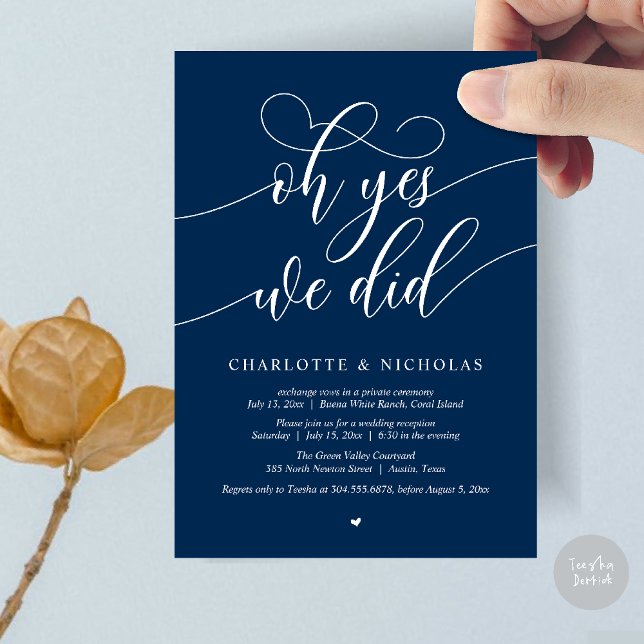 Oh ja, wir haben das getan, Hochzeitsfeier-Abendes Einladung (Oh Yes, We Did, Modern Wedding Elopement Reception Dinner Party Invites Card PDF Navy Blue)