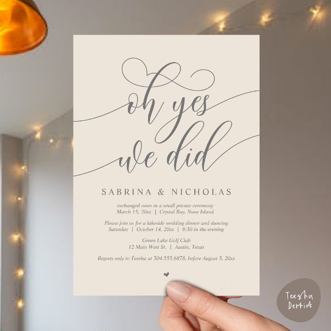Oh ja, wir haben das getan, Hochzeitsfeier-Abendes Einladung (Oh Yes, We Did, Wedding Elopement Dinner Brunch Lunch Party Invites Card, PDF, Cream Grey)