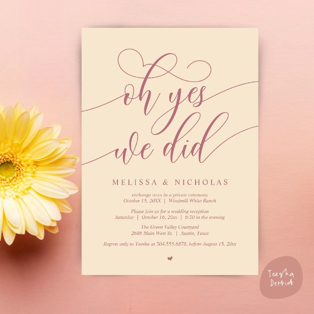 Oh Ja, Wir Haben es Getan Moderne Script Flitterwo Einladung (Oh Yes We Did Modern Creative Script Elopement Announcement Dinner Card in Champagne and Rose Gold)