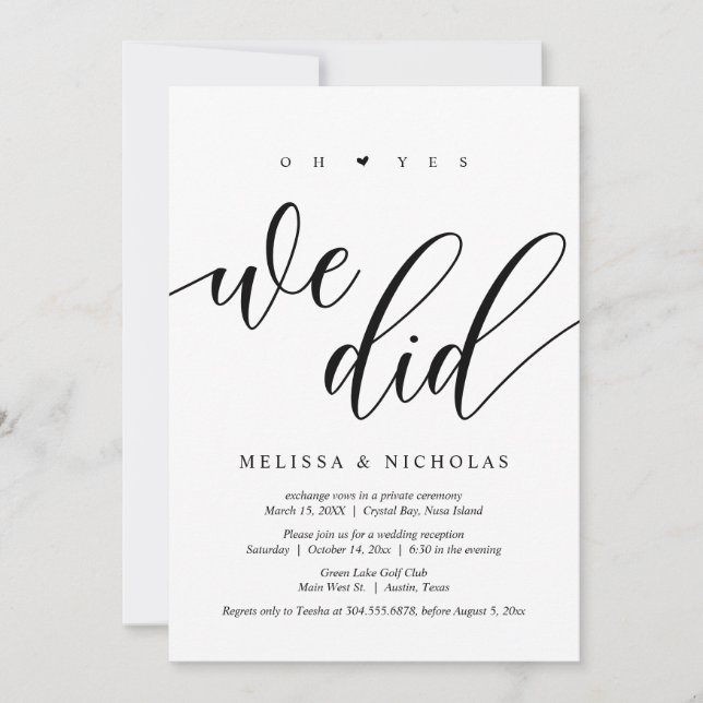 Oh ja, wir taten es, Black, Wedding Elopement Part Einladung (Vorderseite)