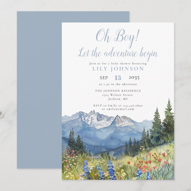 Oh-Junge-Abenteuer-beginnt-Berg-Baby-Party-Einladu Einladung (Vorne/Hinten)