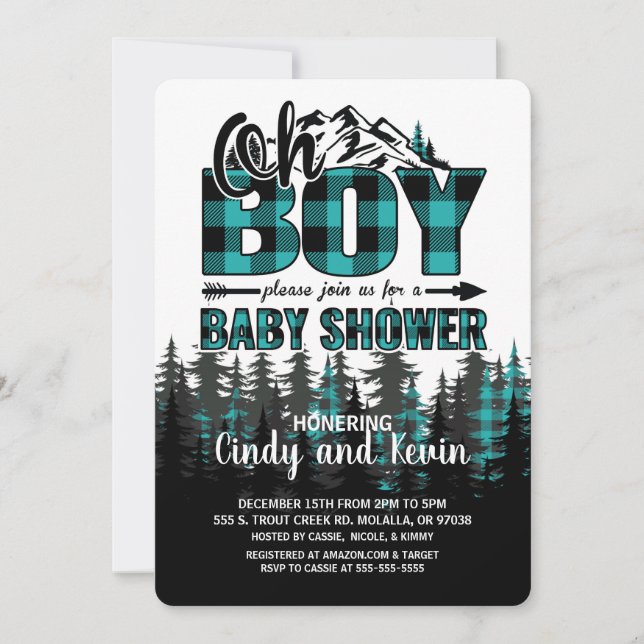Oh Junge Aquamarine Karierte Babydusche Einladung (Vorderseite)