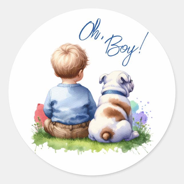 Oh, Junge! Baby- und Bulldog-Babydusche Runder Aufkleber (Vorderseite)