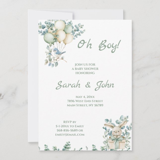 Oh Junge, Babydusche Eukalyptus Einladung (Vorderseite)