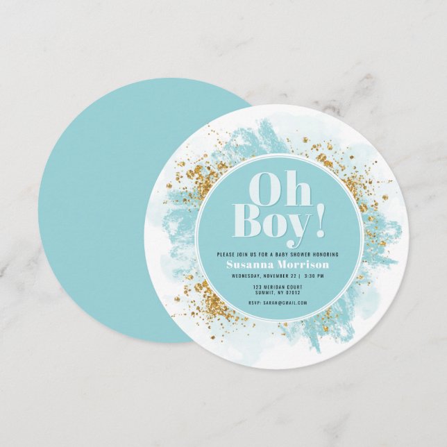 Oh Junge Babydusche Wasserfarbe Glitzer Runde Einladung (Vorne/Hinten)