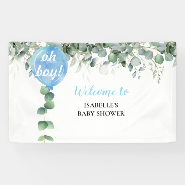 Oh Junge Ballon Grüne Eukalyptus Babydusche Banner (Horizontal)