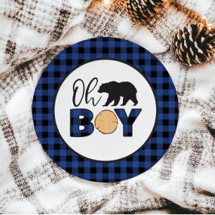 Oh Junge Bär blaues Büffel-Karo Baby-Shower Pappteller