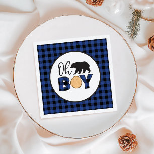 Oh Junge Bär blaues Büffel-Karo Baby-Shower Serviette