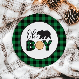 Oh Junge Bär grün Buffalo Kariert Baby Shower Pappteller