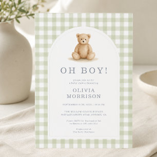 Oh Junge Bär Salbei Grün Gingham Baby Shower Einladung
