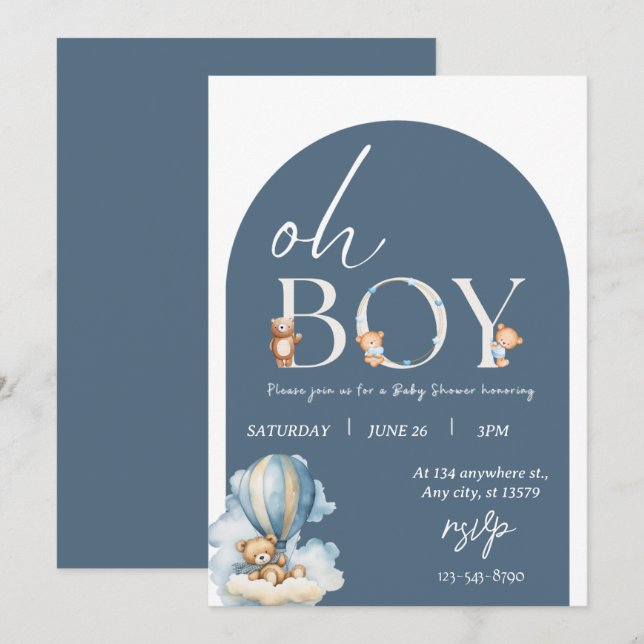 Oh, Junge! Bear and Blue Balon Baby Shower Einladu Einladung (Vorne/Hinten)