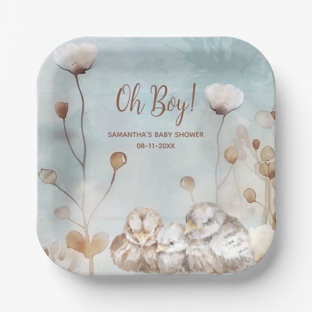 Oh Junge! Blaue Aquarell-Babydusche Pappteller (Vorderseite)