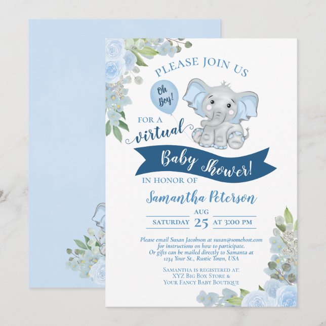 Oh Junge! Blue Elephant & Floral Virtual Baby Dusc Einladung (Vorne/Hinten)