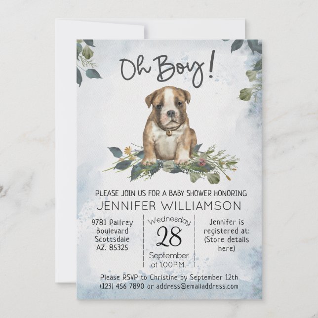 Oh Junge! Bulldog Welpe Modern Watercolor Baby Einladung (Vorderseite)