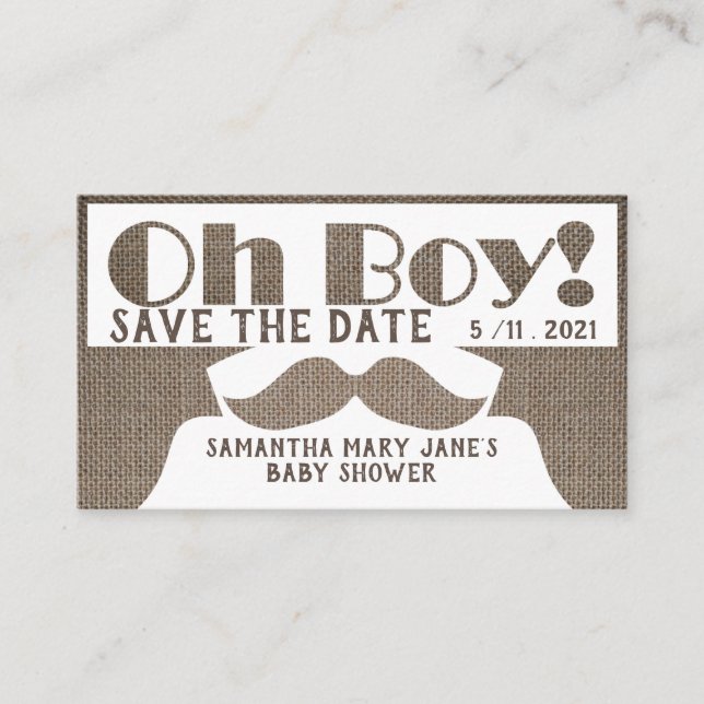 Oh Junge, Burlap Mustache Save the Date Begleitkarte (Vorderseite)