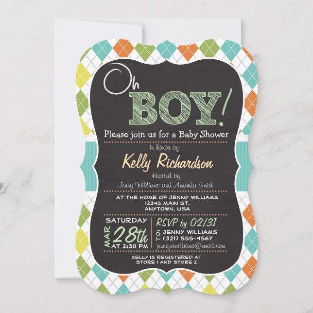 Oh Junge! Chalkboard-Look Kinderdusche Einladung (Vorderseite)