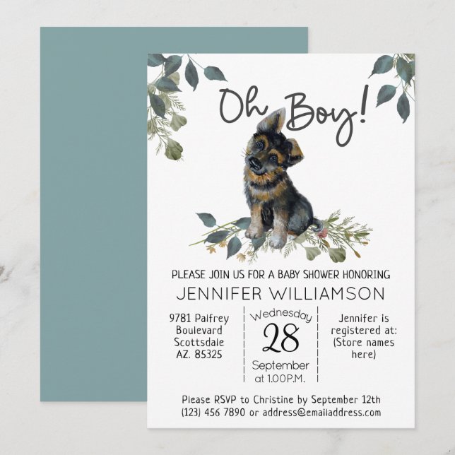 Oh Junge! Dog Baby Duwer German Shepherd Puppy Einladung (Vorne/Hinten)