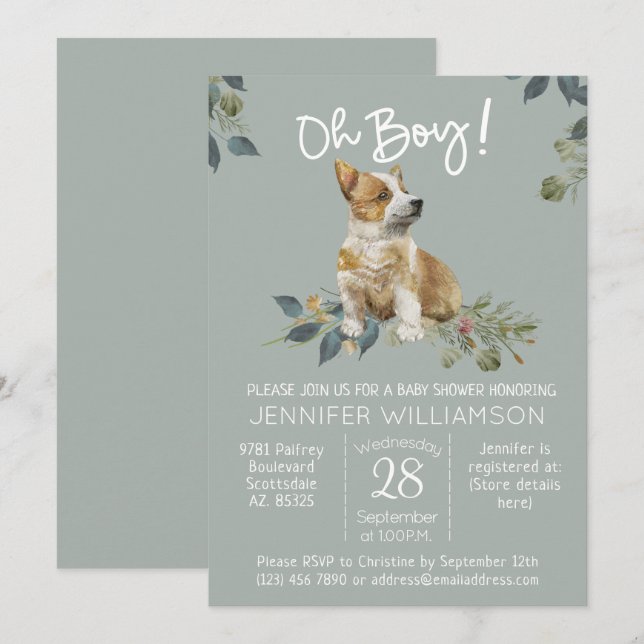 Oh Junge! Dog Baby Shower Corgi Puppy Einladung (Vorne/Hinten)