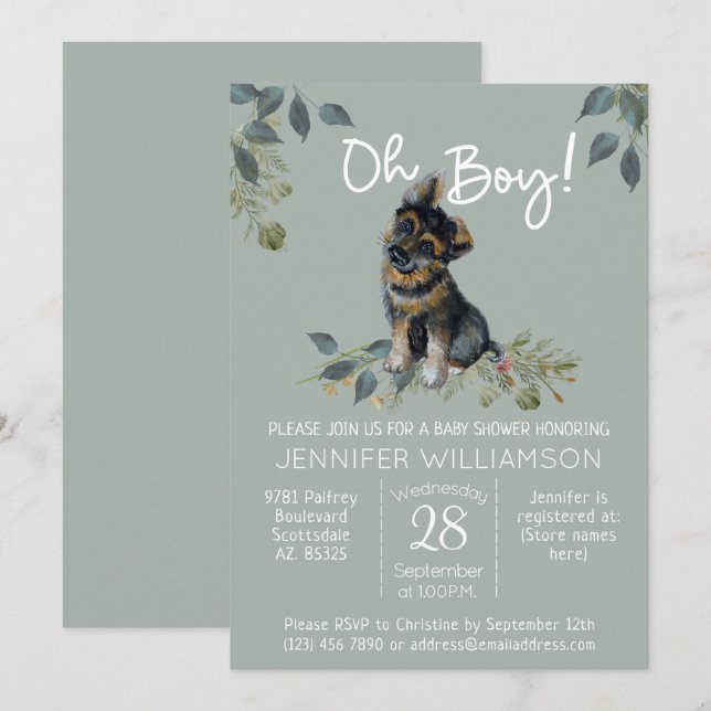 Oh Junge! Dog Baby Shower German Shepherd Puppy Sa Einladung (Vorne/Hinten)