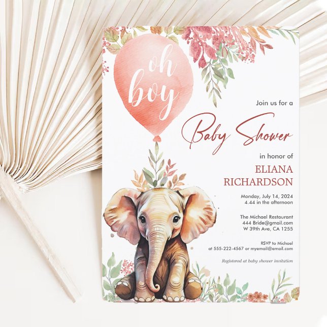 Oh Junge Elefanten Herbstballon Babydusche Einladung (Oh boy elephant autumn balloon baby shower invitation)