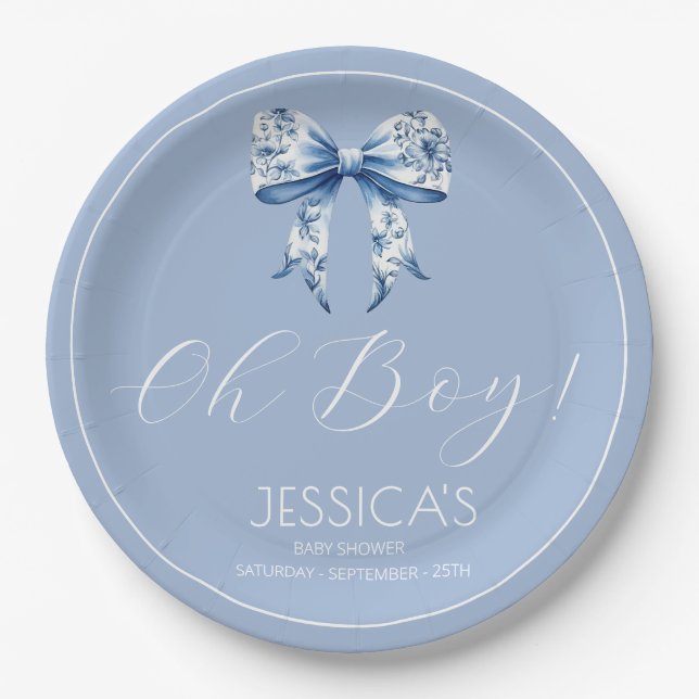 Oh Junge Elegant Simple Dusty Blue Boys Baby Pappteller (Vorderseite)