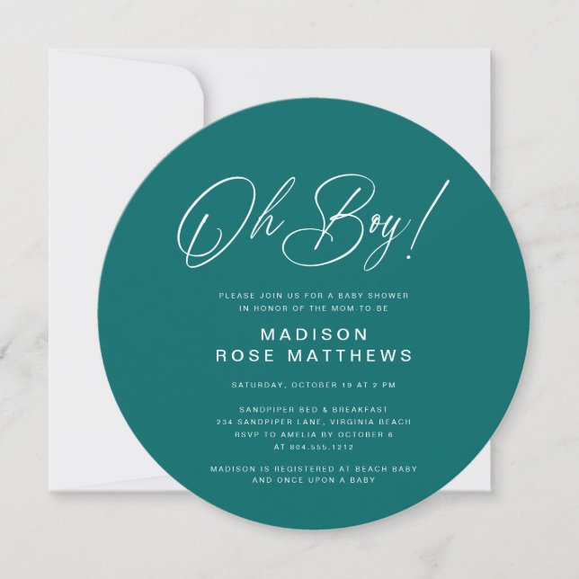 Oh Junge Modern Round  Schrift Türkis  Babyparty   Einladung (Vorderseite)