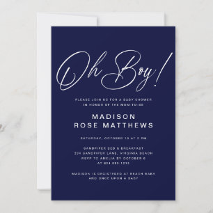 Oh Junge Modern Script Navy Blau Baby Shower Einladung