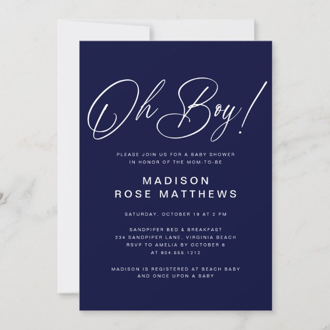 Oh Junge Modern Script Navy Blau Baby Shower Einladung (Vorderseite)