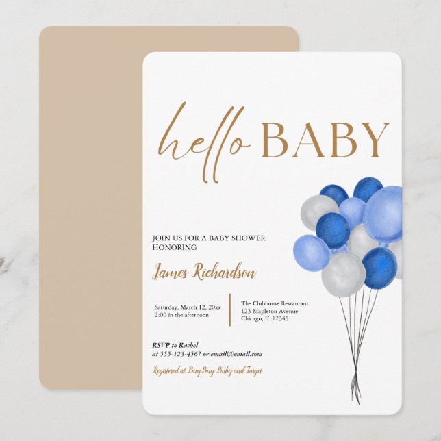Oh Junge moderne Eukalyptus-blaue Ballons Babydusc Einladung (Vorne/Hinten)
