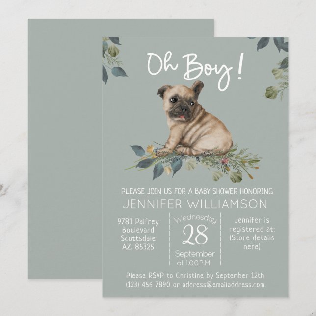Oh Junge! Mops Puppy Dog Babydusche Einladung (Vorne/Hinten)
