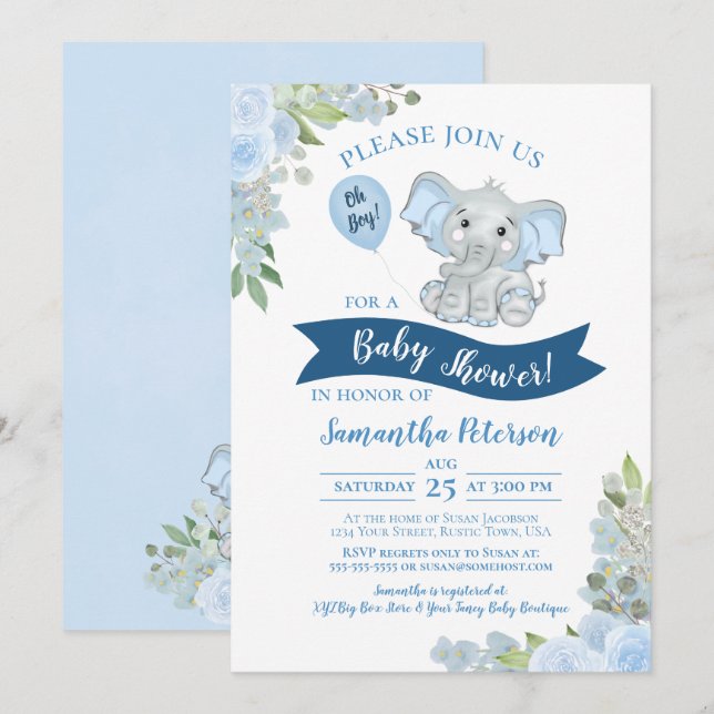 Oh Junge! Niedlich Elephant Blue Floral Baby Dusch Einladung (Vorne/Hinten)