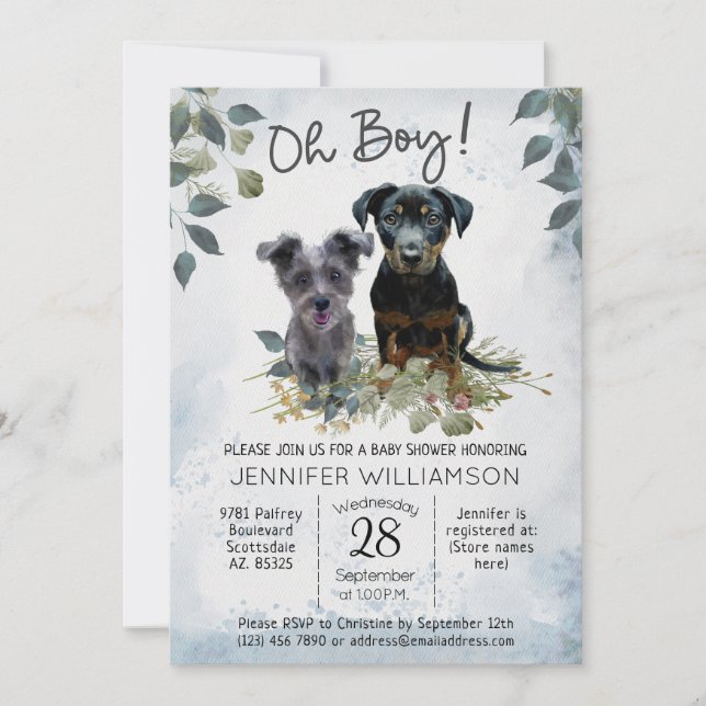 Oh Junge! Niedliche Lyla- und Rockie-Baby-Dusche Einladung (Vorderseite)
