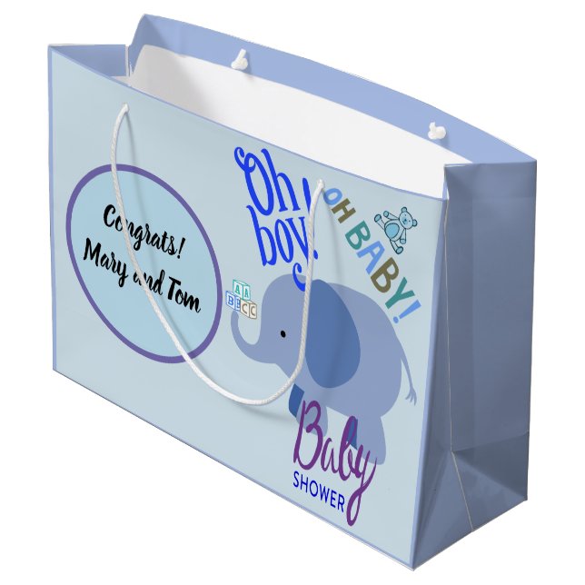 Oh Junge! Oh, Baby! Blue Elephant Baby Dusche Große Geschenktüte (Rückseite Schrägansicht)