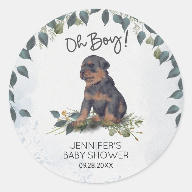 Oh Junge! Rottweiler Puppy Watercolor Babydusche Runder Aufkleber (Vorderseite)