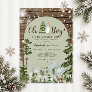 Oh Junge Rustikale Holz-Abenteuer-Weihnachts-Baby- Einladung