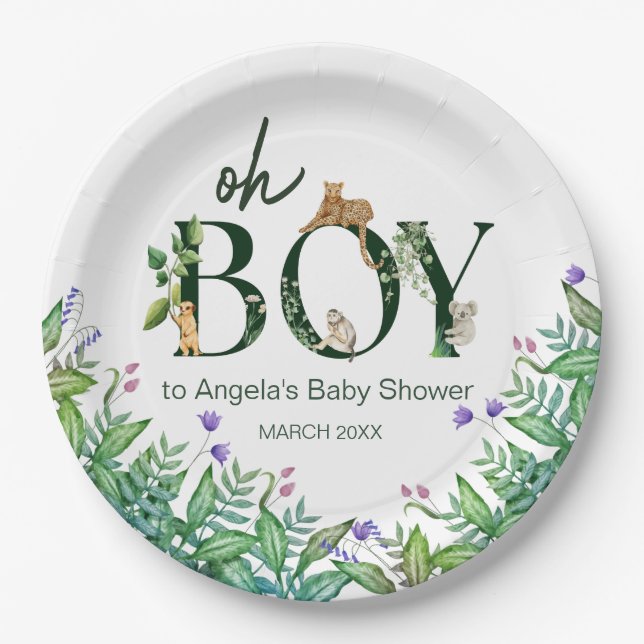 Oh Junge Safari Animal Jungle Green Baby Dusche Pappteller (Vorderseite)