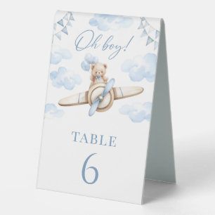 Oh Junge Teddybär auf blauem Flugzeug-Baby-Shower Tischaufsteller