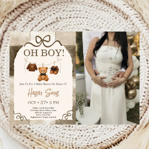 Oh Junge Teddybär Beige Gingham Baby Shower Foto Einladung